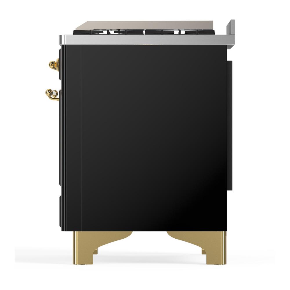 ILVE UM60FNR3BKGLP Majestic III 60 inch Dual Fuel Range with 9 Burners and Griddle, Dual Function Burner up to 25,000 BTU (Liquid Propane, Triple Glass Door, Glossy Black, Brass)