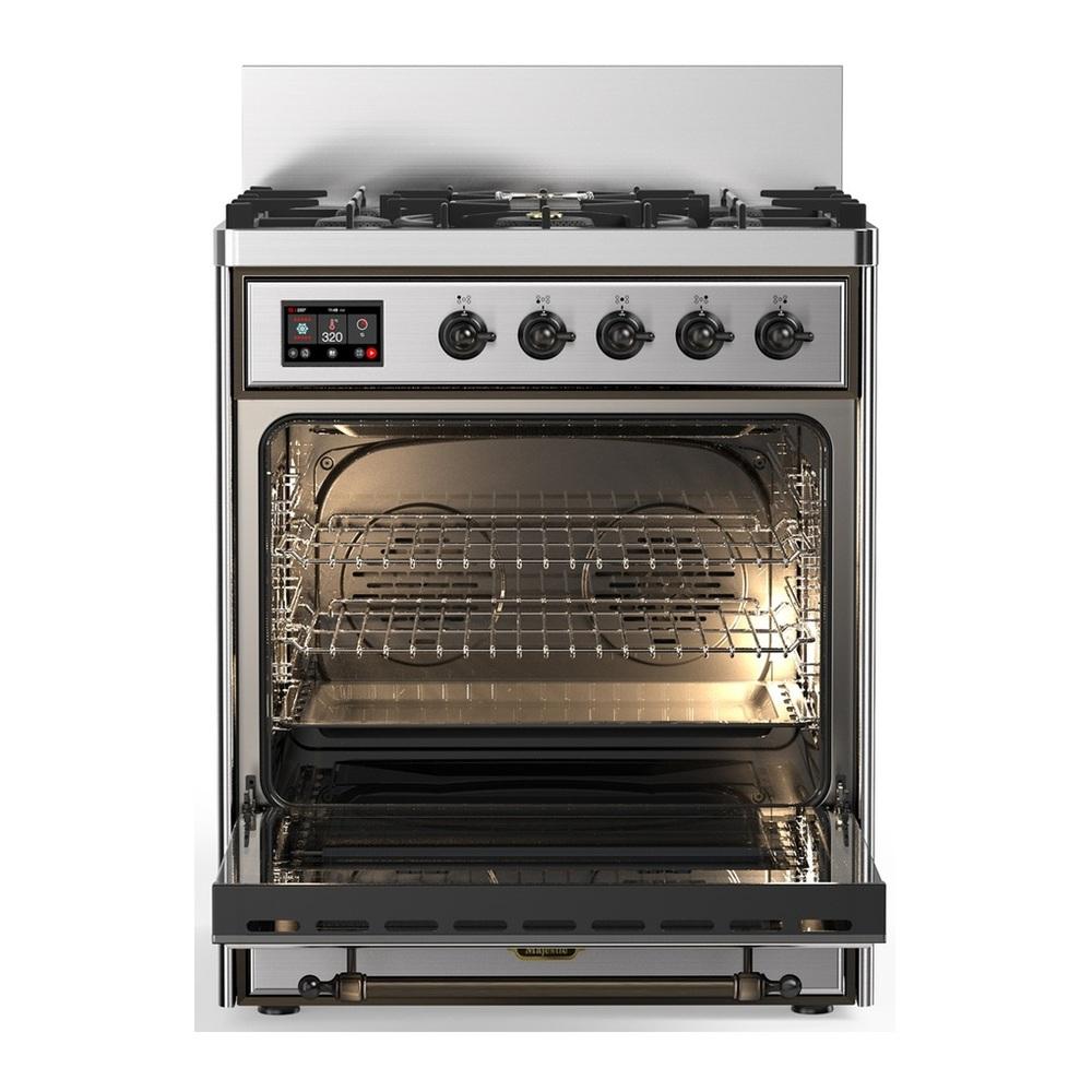 ILVE UM30QNR3SSB Majestic III 30 inch Dual Fuel Range with 5 Black Brass Burners, Dual Function Burner up to 25,000 BTU (Natural Gas, Solid Door, Stainless Steel, Burnished)