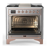 ILVE UM36FQNR3SSPLP Majestic III 36 inch Dual Fuel Range with 6 Black Brass Burners and Griddle, Dual Function Burner up to 25,000 BTU (Solid Door, Stainless Steel, Copper, Liquid Propane)