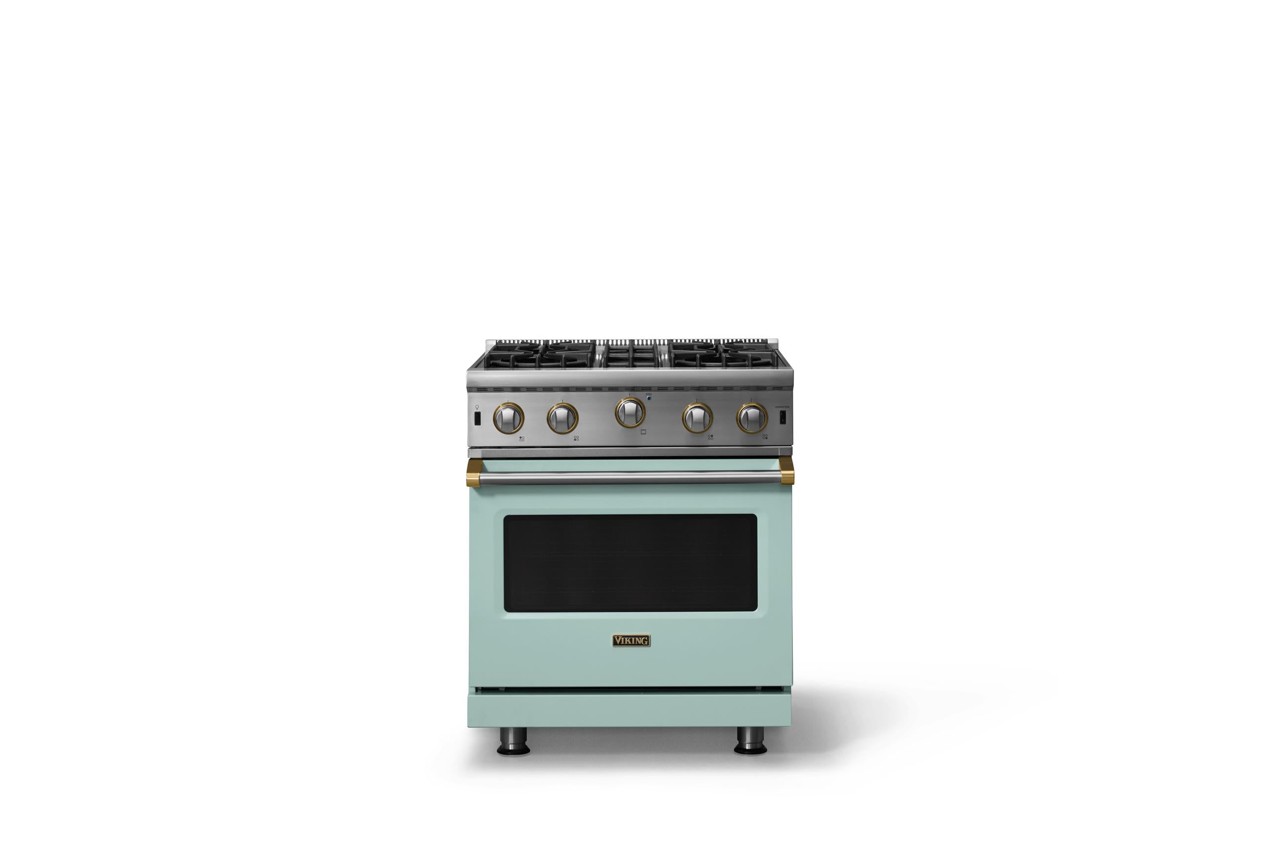 30"W. Open Burner Gas Range (Finish: Splash, Trim: Brushed Brass, Fuel: Natural Gas)
