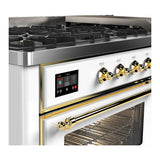 ILVE UM60FNR3WHG Majestic III 60 inch Dual Fuel Range with 9 Burners and Griddle, Dual Function Burner up to 25,000 BTU (Natural Gas, Triple Glass Door, White, Brass)