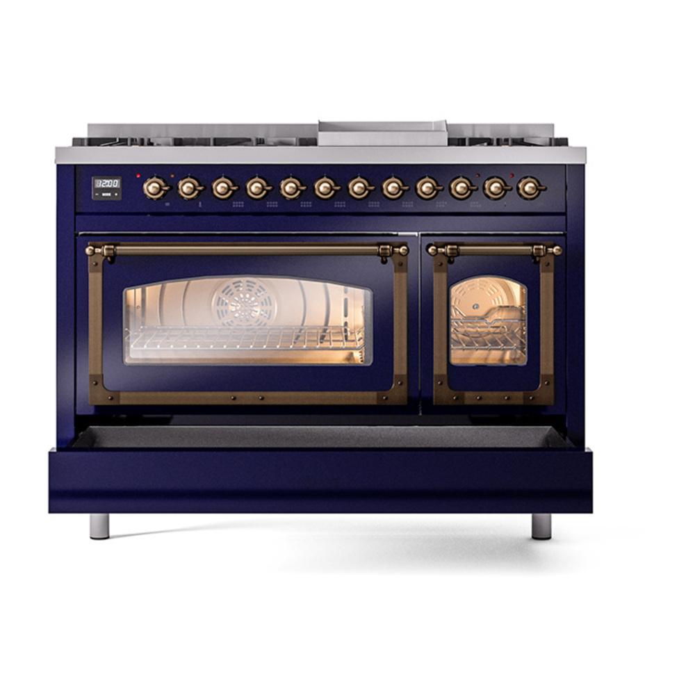 ILVE UN48FNMPMBBLP Nostalgie II Noblesse 48 inch Dual Fuel Range (8 Sealed Burners + Griddle, Liquid Propane, Triple Glass Door, Midnight Blue, Burnished)