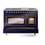 ILVE UN48FNMPMBBLP Nostalgie II Noblesse 48 inch Dual Fuel Range (8 Sealed Burners + Griddle, Liquid Propane, Triple Glass Door, Midnight Blue, Burnished)