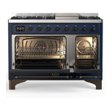 ILVE UM48FQNR3MBBLP Majestic III 48 inch Dual Fuel Range with 8 Burners and Griddle, Dual Function Burner up to 25,000 BTU (Liquid Propane, Solid Door, Midnight Blue, Burnished)