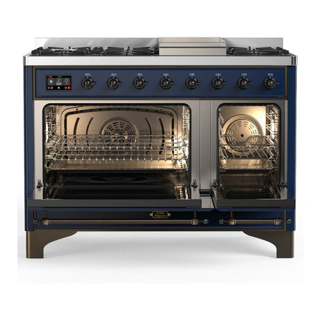 ILVE UM48FQNR3MBBLP Majestic III 48 inch Dual Fuel Range with 8 Burners and Griddle, Dual Function Burner up to 25,000 BTU (Liquid Propane, Solid Door, Midnight Blue, Burnished)