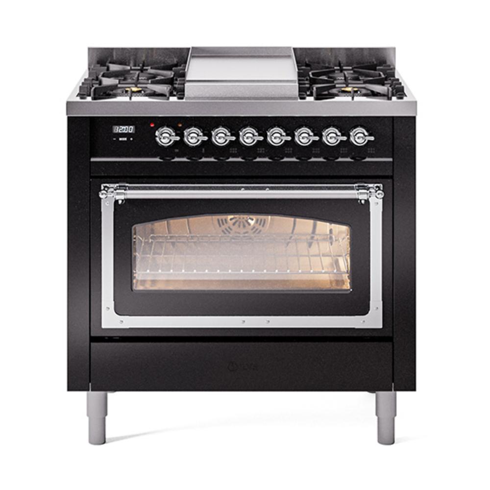 ILVE UN36FNMPBKCLP Nostalgie II Noblesse 36 inch Dual Fuel Range (Liquid Propane, Triple Glass Door, Glossy Black, Chrome)