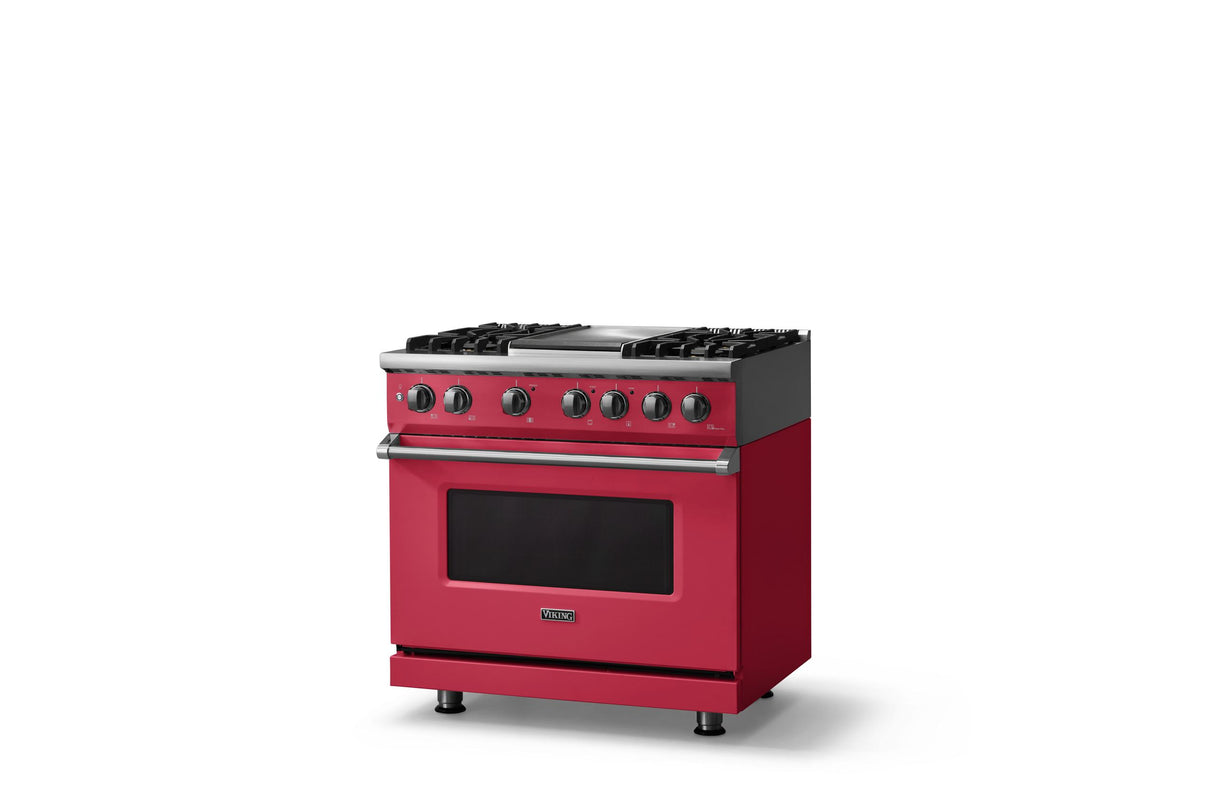 36"W. Dual Fuel Range (Burner: 4g, Finish: Valentine, Trim: Polished Chrome, Fuel: Natural Gas)