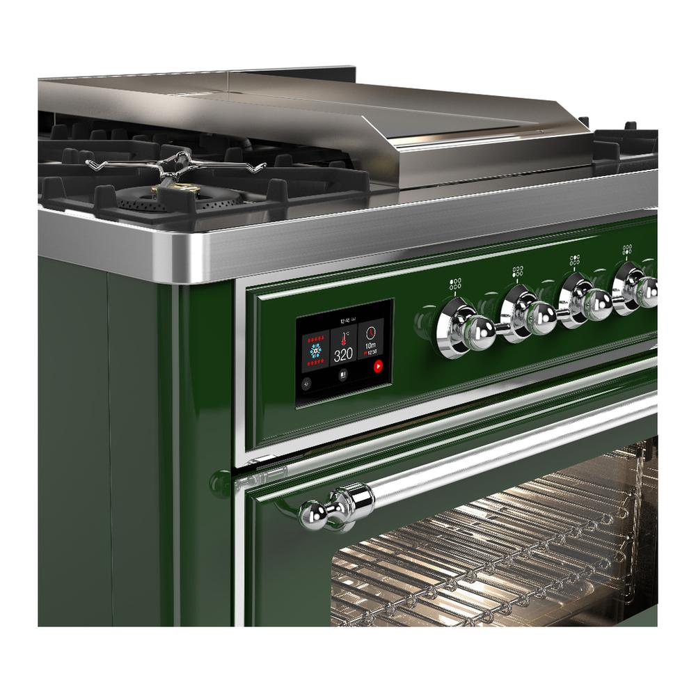 ILVE UM36FNR3EGCLP Majestic III 36 inch Dual Fuel Range with 6 Black Brass Burners and Griddle, Dual Function Burner up to 25,000 BTU (Triple Glass Door, Emerald Green, Chrome, Liquid Propane)