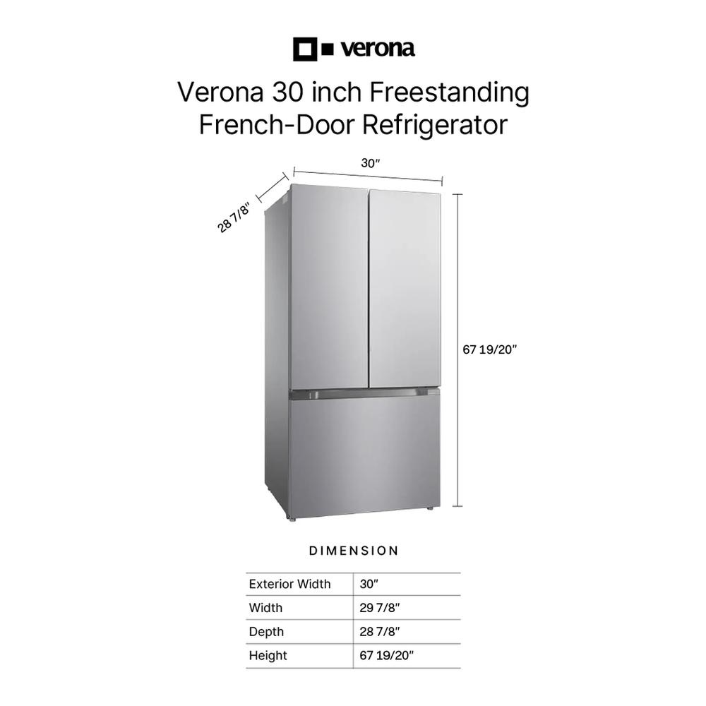 Verona VEFFD3018RISL 30 inch Freestanding French Door Refrigerator with 18.2 cu. ft. Capacity, Automatic Ice Maker, Recessed Handle