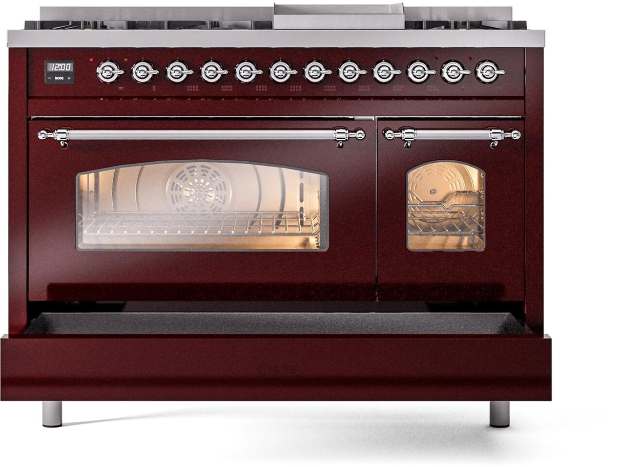 Nostalgie II 48 Inch Dual Fuel Natural Gas Freestanding Range in Burgundy with Chrome Trim