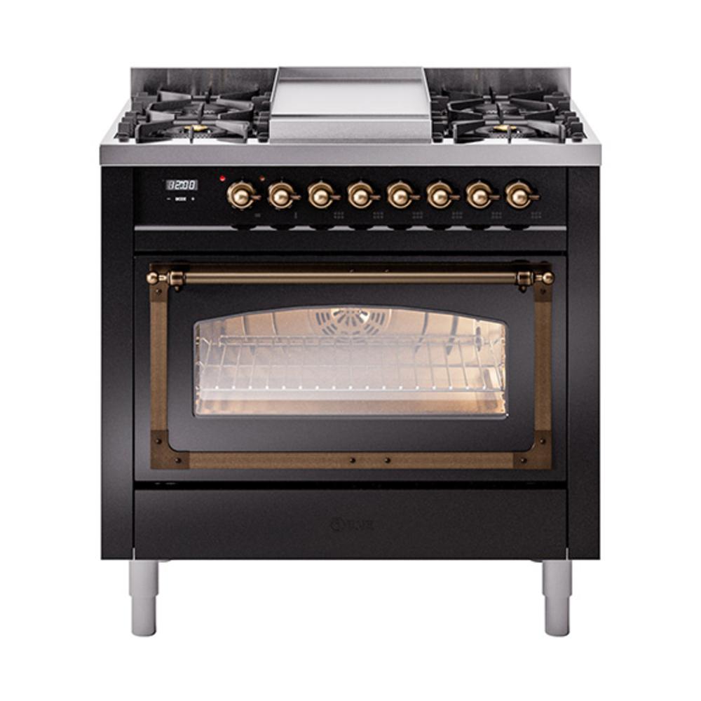 ILVE UN36FNMPBKBLP Nostalgie II Noblesse 36 inch Dual Fuel Range (Liquid Propane, Triple Glass Door, Glossy Black, Burnished)