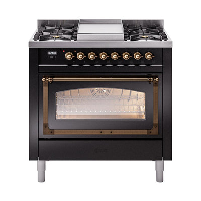 ILVE UN36FNMPBKBLP Nostalgie II Noblesse 36 inch Dual Fuel Range (Liquid Propane, Triple Glass Door, Glossy Black, Burnished)