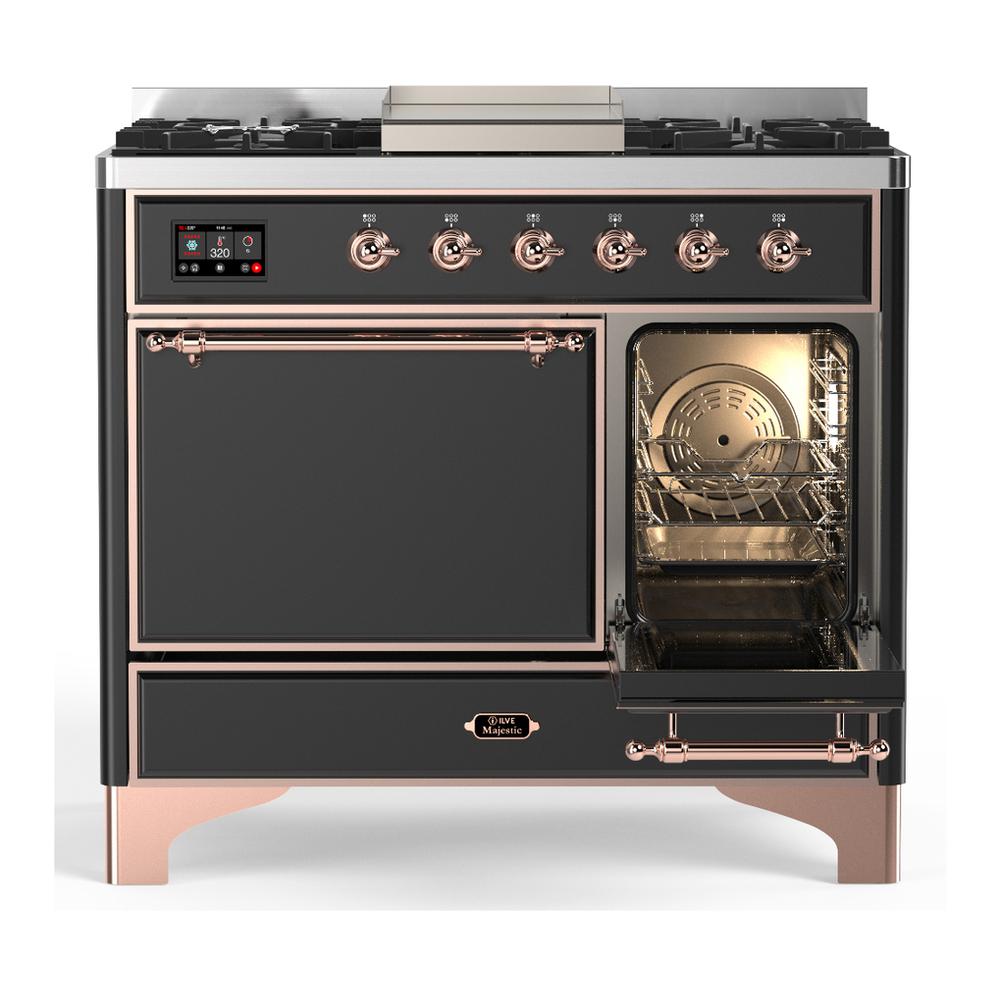 ILVE UMD40FQNR3MGPLP Majestic III 40 inch Dual Fuel Range with 6 Burners and Griddle, Dual Function Burner up to 25,000 BTU (Liquid Propane, Solid Door, Graphite Matte, Copper)