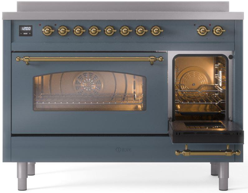 Nostalgie II 48 Inch Electric Freestanding Range in Blue Grey with Brass Trim