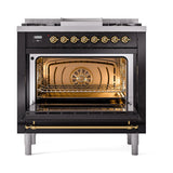 ILVE UN36FQNMPBKG Nostalgie II Noblesse 36 inch Dual Fuel Range (Natural Gas, Solid Door, Glossy Black, Brass)