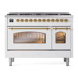 ILVE UP488NMPWHGLP Nostalgie II 48 inch Dual Fuel Range with 8 Total Black Brass Sealed Burners, Brass Trim (Limited Edition) (Liquid Propane, White)