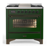 ILVE UM36FNR3EGB Majestic III 36 inch Dual Fuel Range with 6 Black Brass Burners and Griddle, Dual Function Burner up to 25,000 BTU (Triple Glass Door, Emerald Green, Burnished, Natural Gas)
