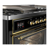 ILVE UM60FSNR3BKG Majestic III 60 inch Dual Fuel Range with 7 Burners, Griddle and French Top, Dual Function Burner with up to 25,000 BTU (Natural Gas, Triple Glass Door, Glossy Black, Brass)