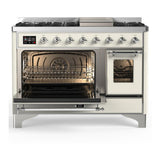 ILVE UM48FNR3AWC Majestic III 48 inch Dual Fuel Range with 8 Burners and Griddle, Dual Function Burner up to 25,000 BTU (Natural Gas, Triple Glass Door, Antique White, Chrome)