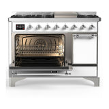 ILVE UM48FQNR3WHC Majestic III 48 inch Dual Fuel Range with 8 Burners and Griddle, Dual Function Burner up to 25,000 BTU (Natural Gas, Solid Door, White, Chrome)