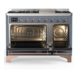 ILVE UM48FQNR3BGP Majestic III 48 inch Dual Fuel Range with 8 Burners and Griddle, Dual Function Burner up to 25,000 BTU (Natural Gas, Solid Door, Blue Grey, Copper)