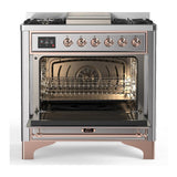 ILVE UM36FNR3SSPLP Majestic III 36 inch Dual Fuel Range with 6 Black Brass Burners and Griddle, Dual Function Burner up to 25,000 BTU (Triple Glass Door, Stainless Steel, Copper, Liquid Propane)