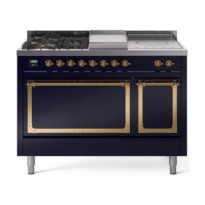 ILVE UN48FSQNMPMBG Nostalgie II Noblesse 48 inch Dual Fuel Range (5 Sealed Burners + Griddle + French Top, Natural Gas, Solid Door, Midnight Blue, Brass)