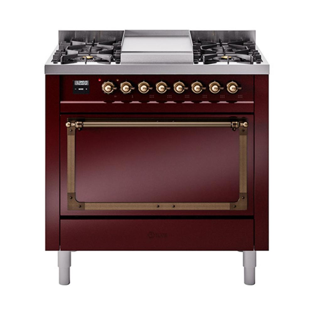 ILVE UN36FQNMPBUB Nostalgie II Noblesse 36 inch Dual Fuel Range (Natural Gas, Solid Door, Burgundy, Burnished)