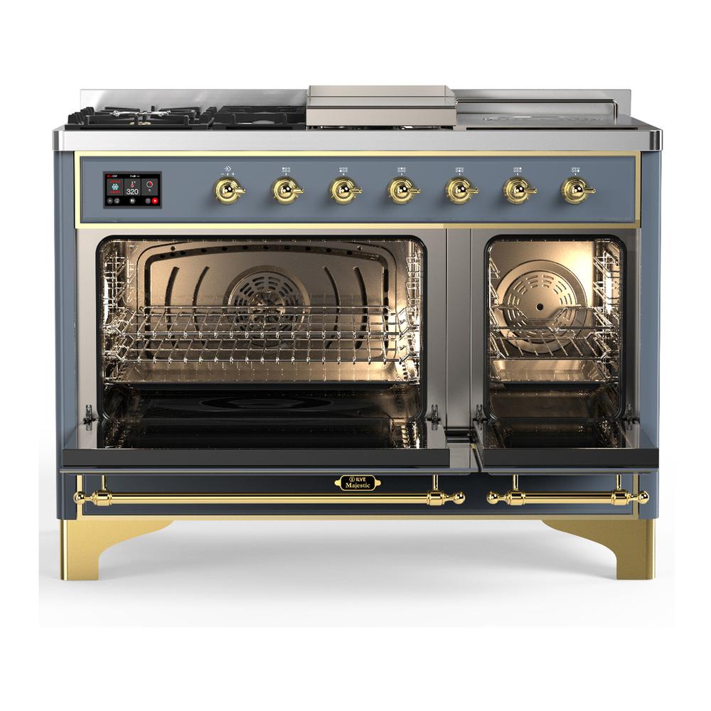 ILVE UM48FSQNR3BGGLP Majestic III 48 inch Dual Fuel Range with 5 Black Brass Burners, Griddle and French Top, Dual Function Burner up to 25,000 BTU (Liquid Propane, Solid Door, Blue Grey, Brass)