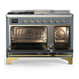 ILVE UM48FSQNR3BGGLP Majestic III 48 inch Dual Fuel Range with 5 Black Brass Burners, Griddle and French Top, Dual Function Burner up to 25,000 BTU (Liquid Propane, Solid Door, Blue Grey, Brass)