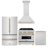 ZLINE 36" Autograph Edition Kitchen Package with Stainless Steel Dual Fuel Range, Range Hood, Dishwasher and Refrigeration with Polished Gold Accents (4KAPR-RARHDWM36-G)