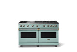 60"W. Sealed Burner Gas Range (Finish: Splash, Trim: Brushed Brass, Fuel: Natural Gas)