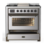 ILVE UM36FNR3SSB Majestic III 36 inch Dual Fuel Range with 6 Black Brass Burners and Griddle, Dual Function Burner up to 25,000 BTU (Triple Glass Door, Stainless Steel, Burnished, Natural Gas)