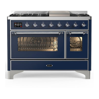 ILVE UM48FNR3MBCLP Majestic III 48 inch Dual Fuel Range with 8 Burners and Griddle, Dual Function Burner up to 25,000 BTU (Liquid Propane, Triple Glass Door, Midnight Blue, Chrome)