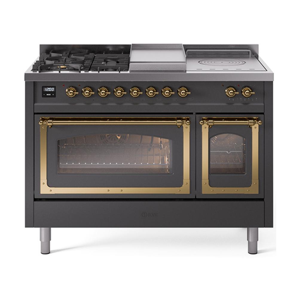 ILVE UN48FSNMPMGGLP Nostalgie II Noblesse 48 inch Dual Fuel Range (5 Sealed Burners + Griddle + French Top, Liquid Propane, Triple Glass Door, Graphite Matte, Brass)