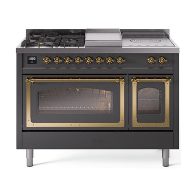 ILVE UN48FSNMPMGGLP Nostalgie II Noblesse 48 inch Dual Fuel Range (5 Sealed Burners + Griddle + French Top, Liquid Propane, Triple Glass Door, Graphite Matte, Brass)