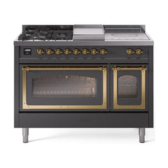 ILVE UN48FSNMPMGGLP Nostalgie II Noblesse 48 inch Dual Fuel Range (5 Sealed Burners + Griddle + French Top, Liquid Propane, Triple Glass Door, Graphite Matte, Brass)