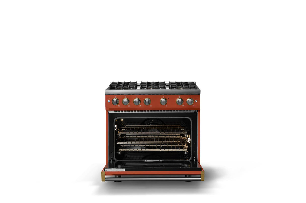 36"W. Sealed Burner Gas Range (Burner: 6b, Finish: Spiced Cider, Trim: Brushed Brass, Fuel: Natural Gas)