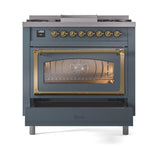 ILVE UN36FNMPBGGLP Nostalgie II Noblesse 36 inch Dual Fuel Range (Liquid Propane, Triple Glass Door, Blue Grey, Brass)