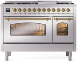 Nostalgie II 48 Inch Dual Fuel Liquid Propane Freestanding Range in Stainless Steel with Brass Trim