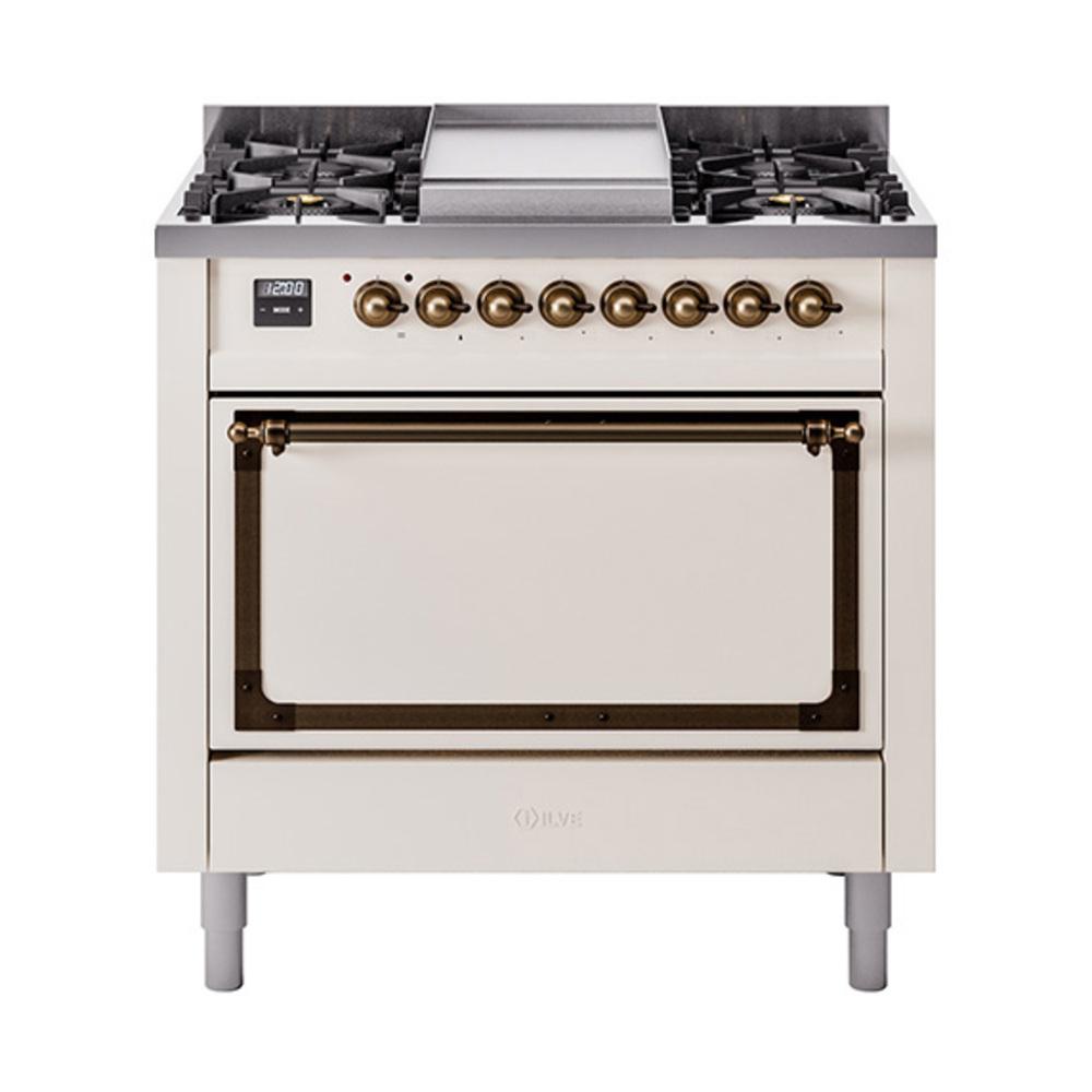 ILVE UN36FQNMPAWB Nostalgie II Noblesse 36 inch Dual Fuel Range (Natural Gas, Solid Door, Antique White, Burnished)