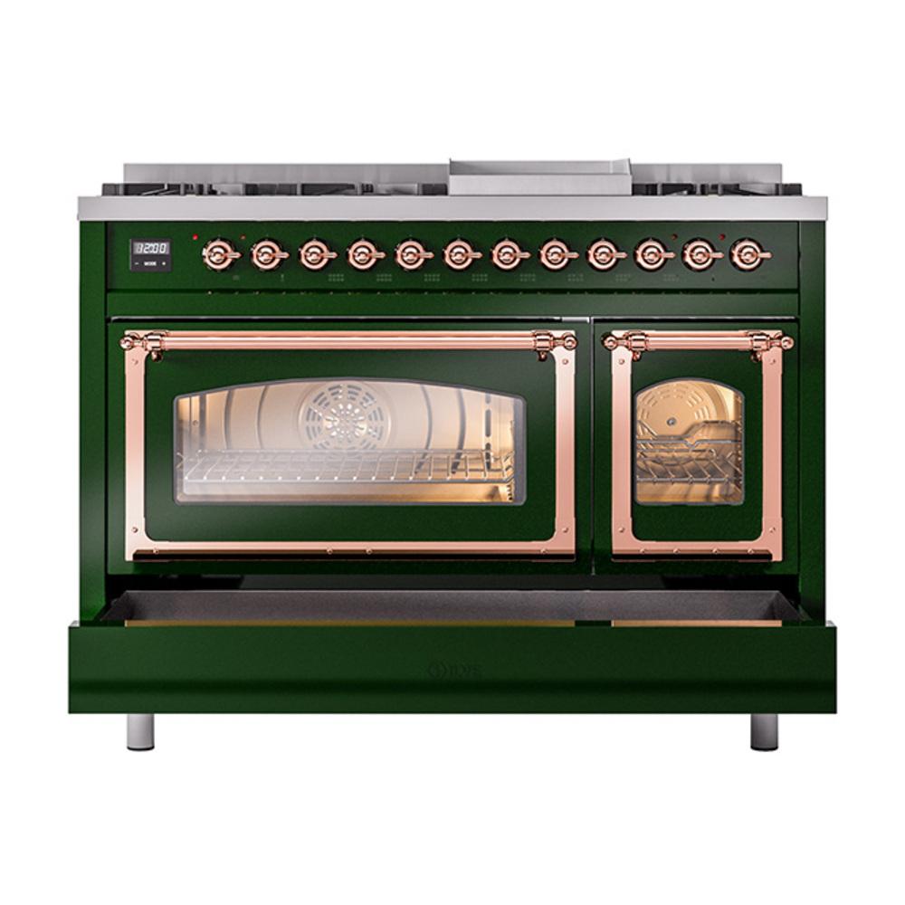 ILVE UN48FNMPEGPLP Nostalgie II Noblesse 48 inch Dual Fuel Range (8 Sealed Burners + Griddle, Liquid Propane, Triple Glass Door, Emerald Green, Copper)