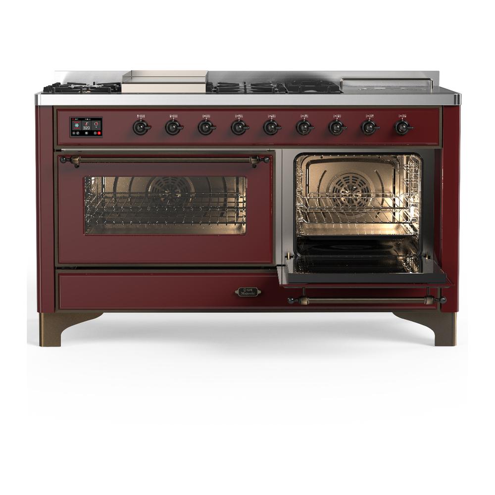 ILVE UM60FSNR3BUBLP Majestic III 60 inch Dual Fuel Range with 7 Burners, Griddle and French Top, Dual Function Burner with up to 25,000 BTU (Liquid Propane, Triple Glass Door, Burgundy, Burnished)