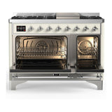 ILVE UM48FQNR3AWC Majestic III 48 inch Dual Fuel Range with 8 Burners and Griddle, Dual Function Burner up to 25,000 BTU (Natural Gas, Solid Door, Antique White, Chrome)