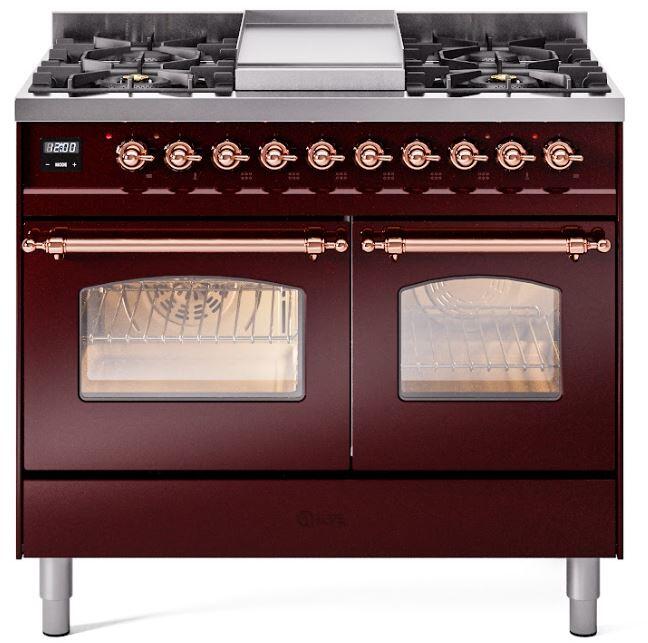 Nostalgie II 40 Inch Dual Fuel Natural Gas Freestanding Range in Burgundy with Copper Trim