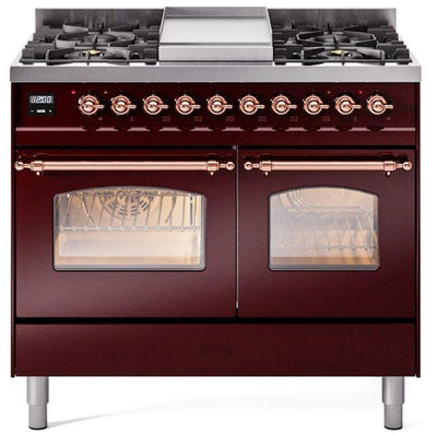 Nostalgie II 40 Inch Dual Fuel Natural Gas Freestanding Range in Burgundy with Copper Trim