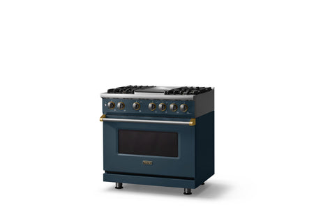 36"W. Dual Fuel Range (Burner: 4g, Finish: Squall, Trim: Brushed Brass, Fuel: Natural Gas)
