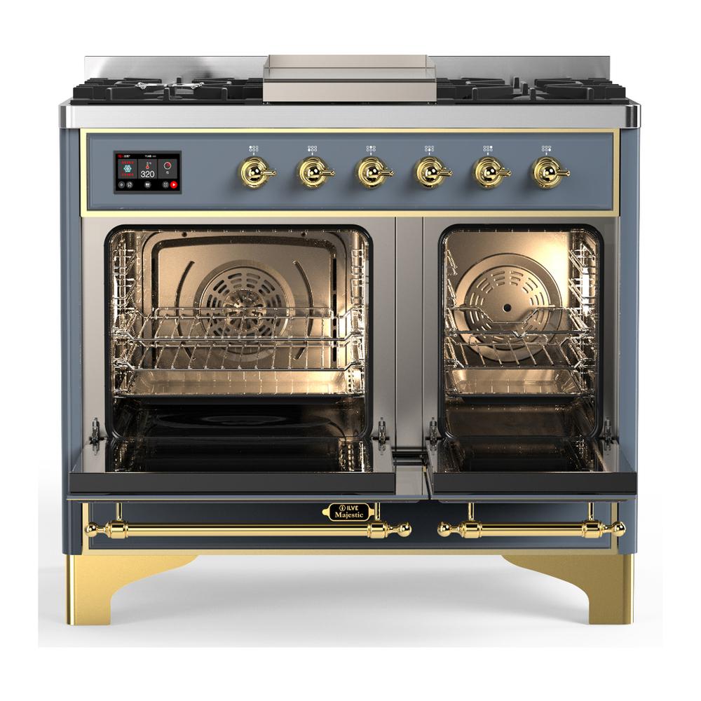 ILVE UMD40FNR3BGGLP Majestic III 40 inch Dual Fuel Range with 6 Burners and Griddle, Dual Function Burner up to 25,000 BTU (Liquid Propane, Triple Glass Door, Blue Grey, Brass)