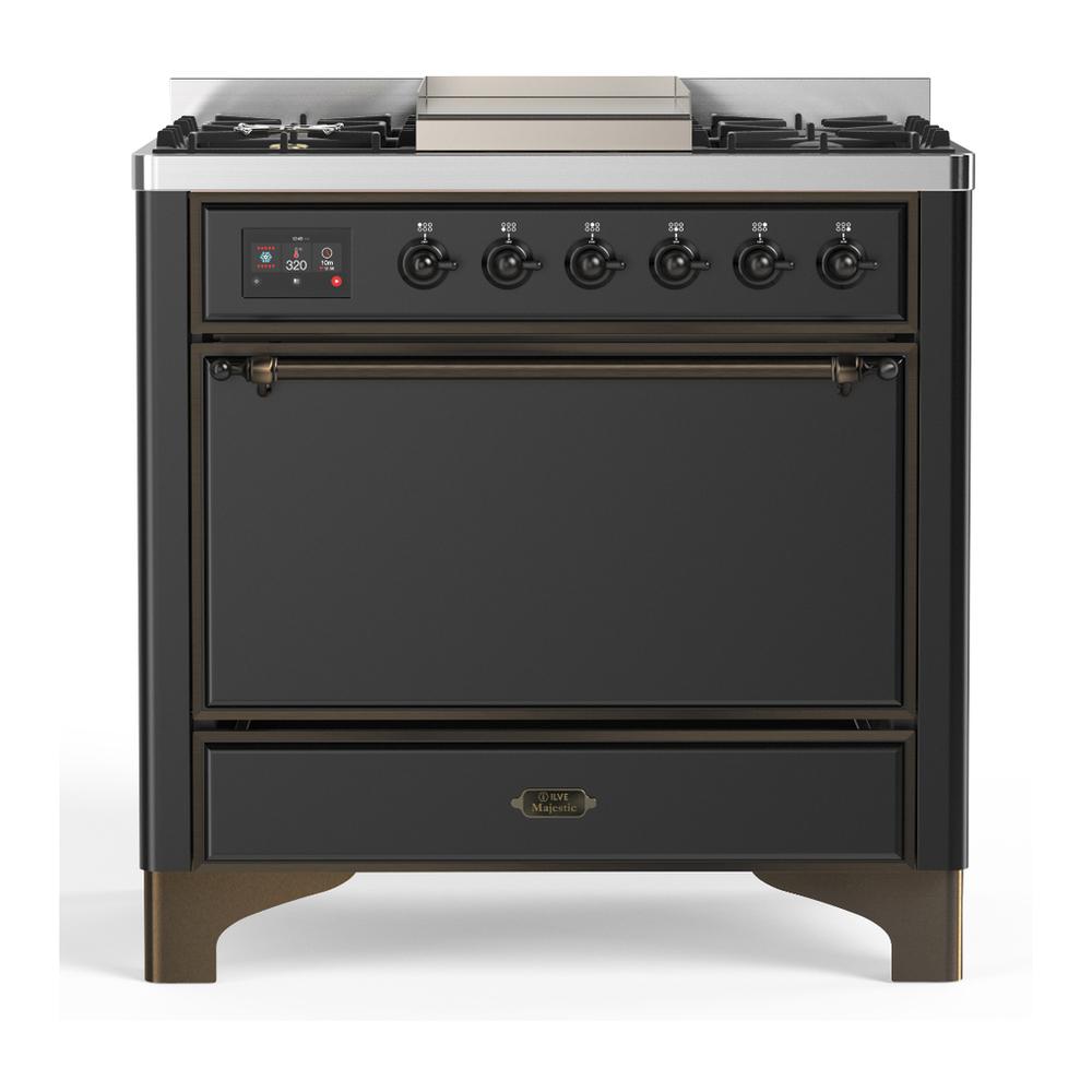 ILVE UM36FQNR3MGB Majestic III 36 inch Dual Fuel Range with 6 Black Brass Burners and Griddle, Dual Function Burner up to 25,000 BTU (Solid Door, Graphite Matte, Burnished, Natural Gas)