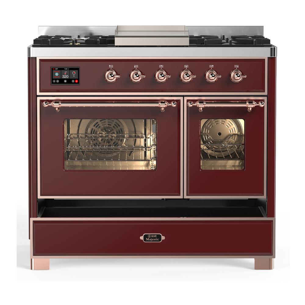 ILVE UMD40FNR3BUP Majestic III 40 inch Dual Fuel Range with 6 Burners and Griddle, Dual Function Burner up to 25,000 BTU (Natural Gas, Triple Glass Door, Burgundy, Copper)